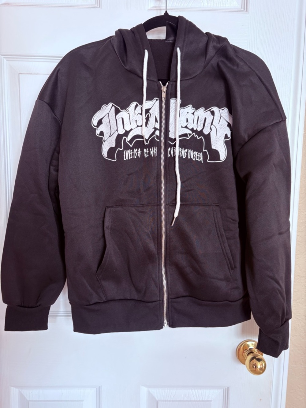 Shein Black Zip Hoodie Graphic Streetwear Women Medium NWOT Casual